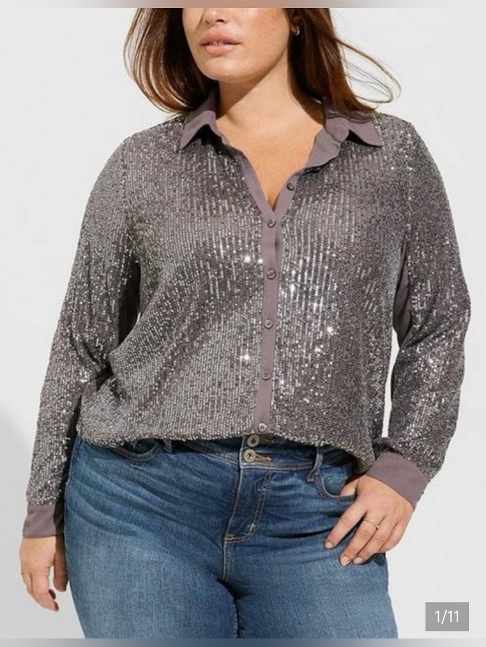 Torrid Madison Sequin Button Front Long Sleeve Top Shirt in Gray Size 1 1X